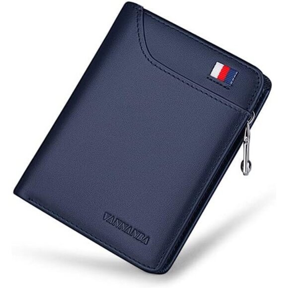 Men\'s Wallets Card Blue Genuine Leather Slim Front Zipper Coin Pocket Design